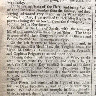 1781 newspaper w EYEWITNESS ACCOUNT of the BATTLE of the CAPES Cornwallis Trapped at Yorktown