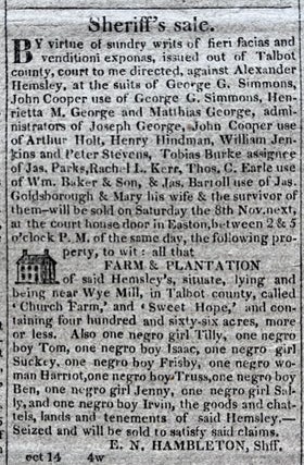 Rare 1823 EASTON MARYLAND newspaper Talbot County Slave Auction at Wye Mill