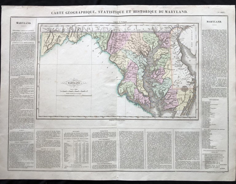 Item #IS-0421081 BEAUTIFUL Hand-Colored 1825 French Map of Maryland, with a List of Prominent Chesapeake Bay Rivers, Descriptions of Maryland's Mountains, Climate and Government and a list of Colonial and post-American Revolution Governors