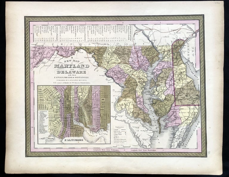 Item #IS-0421094 A New Map of Maryland and Delaware with their Canals, Roads & Distances. 1850 Hand-Colored Map of Maryland, a Chart of Chesapeake Bay Steamboat Routes.